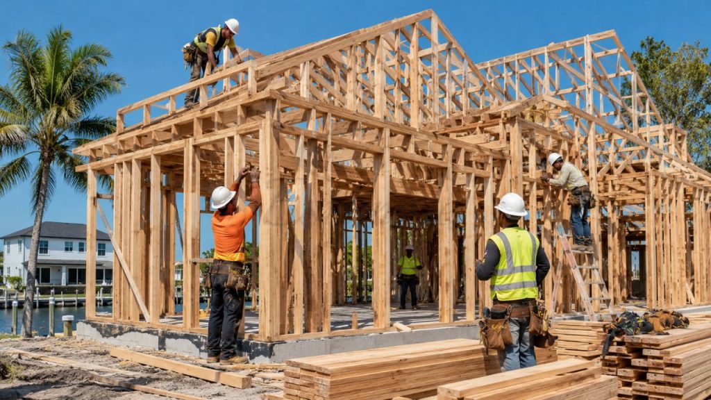 Construction workers building a wood frame house structure for lumber and framing estimating services in Florida