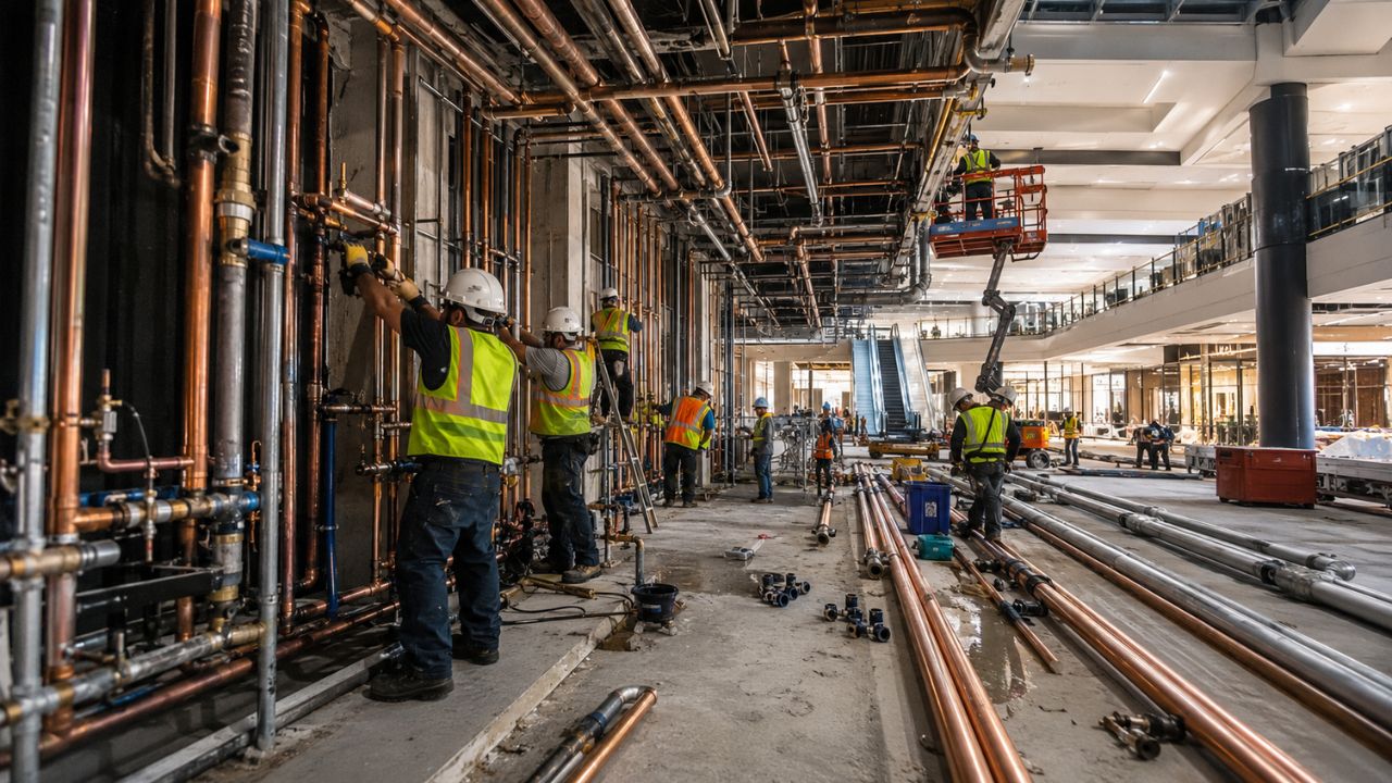 Commercial plumbers installing copper water lines and drainage systems inside a large shopping mall construction project during the rough-in phase.