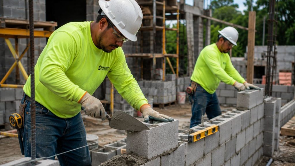 Masonry contractors installing concrete blocks during commercial construction project for masonry estimating and quantity takeoff services in Florida