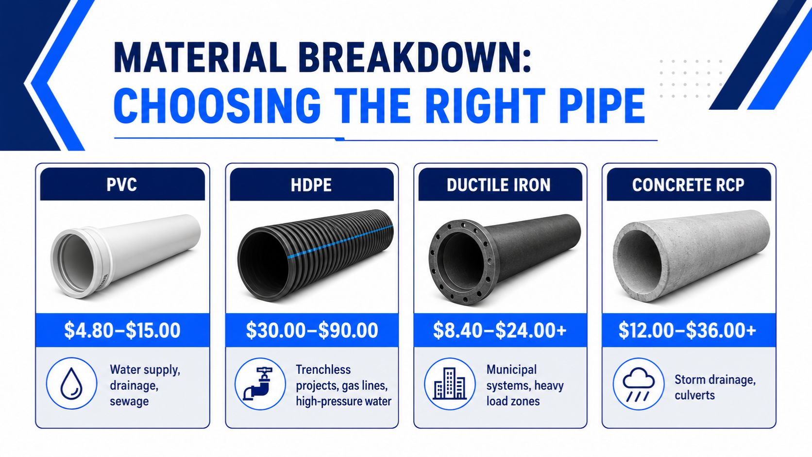 Underground utility pipe material comparison showing PVC, HDPE, ductile iron, and reinforced concrete pipe costs and applications