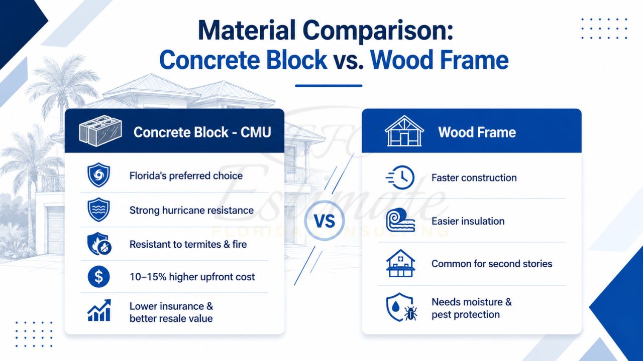 Infographic comparing concrete block (CMU) and wood frame construction, highlighting durability, hurricane resistance, insulation, construction speed, and long-term costs for Florida homes.