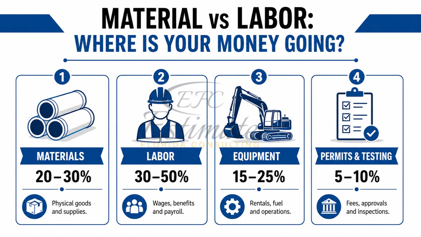 HDPE pipe installation cost breakdown infographic showing material, labor, equipment, and permits percentage allocation for utility construction projects