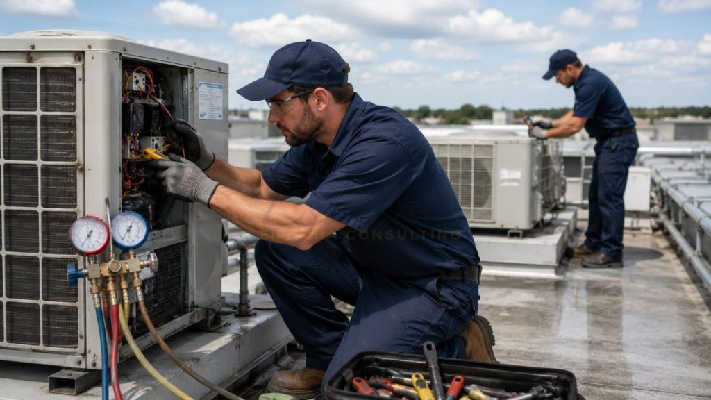 HVAC technicians servicing rooftop air conditioning units during mechanical HVAC estimating and cost analysis in Florida