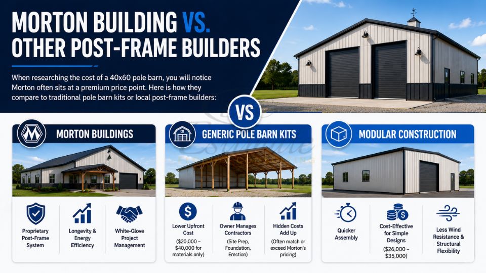 Comparison of Morton Buildings, generic pole barn kits, and modular construction for post-frame building costs and features