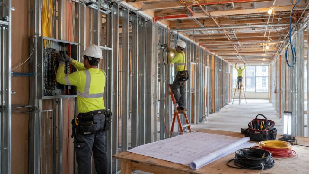 Electricians installing electrical wiring and breaker panels inside a multi-family apartment building during the rough-in construction phase.