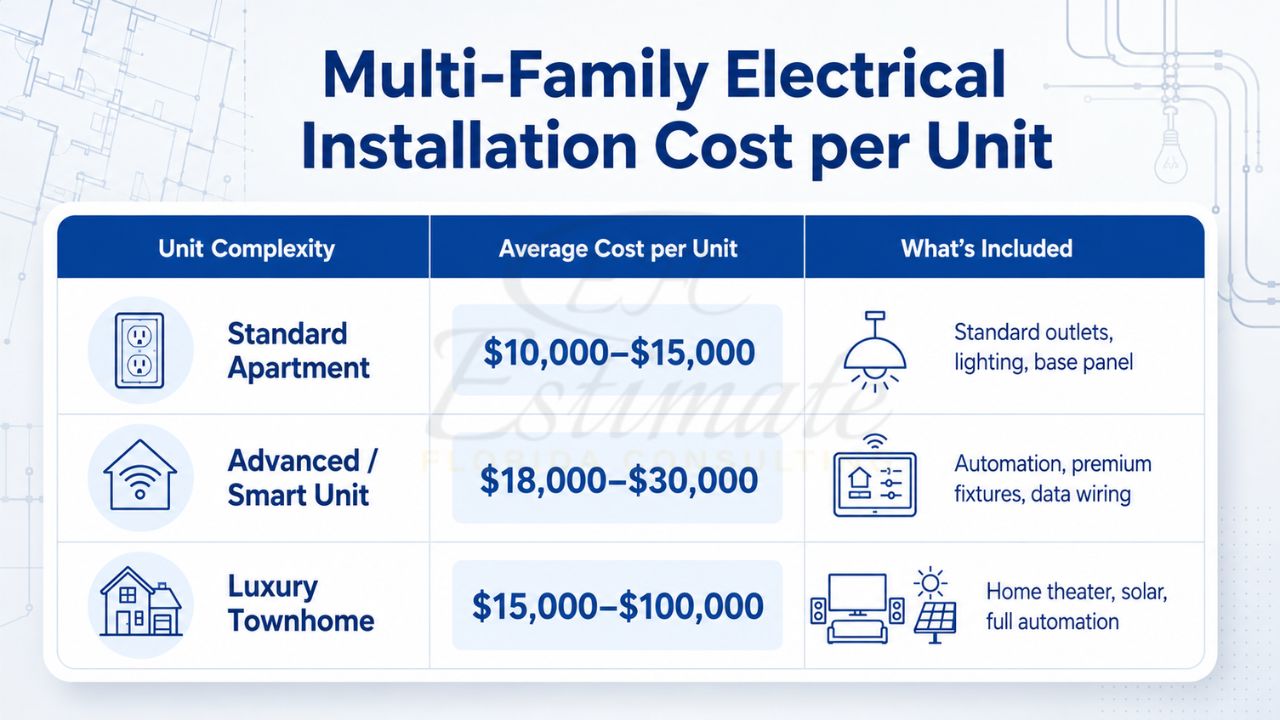 Infographic showing the average electrical installation cost per unit for multi-family apartments, smart homes, and luxury townhomes in Florida.