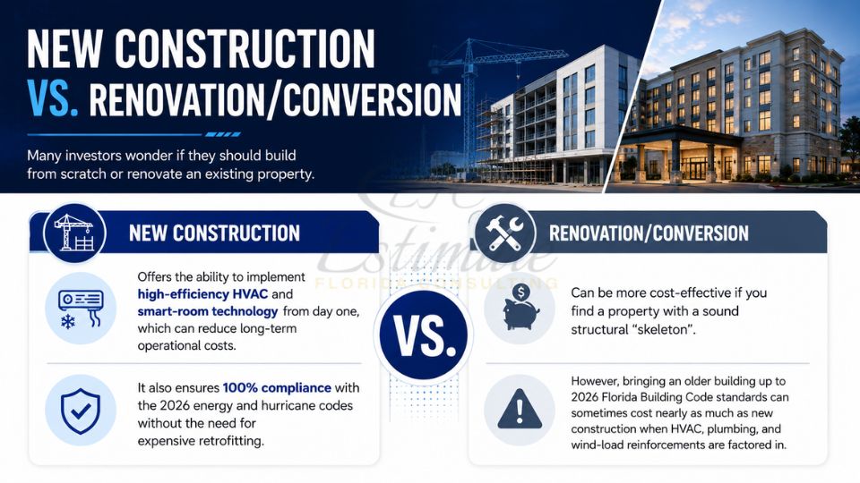Comparison of new hotel construction versus renovation and conversion costs for hospitality development projects
