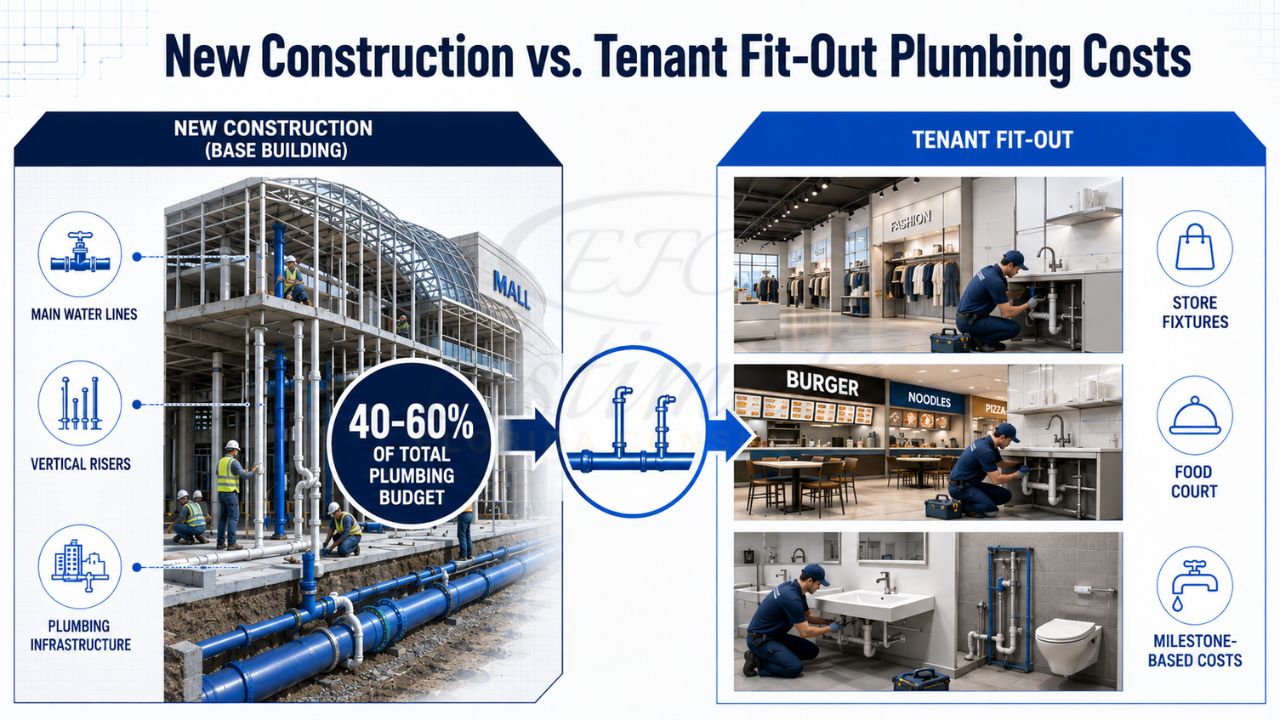 Infographic comparing new construction plumbing infrastructure costs with tenant fit-out plumbing costs in shopping malls and commercial retail spaces.