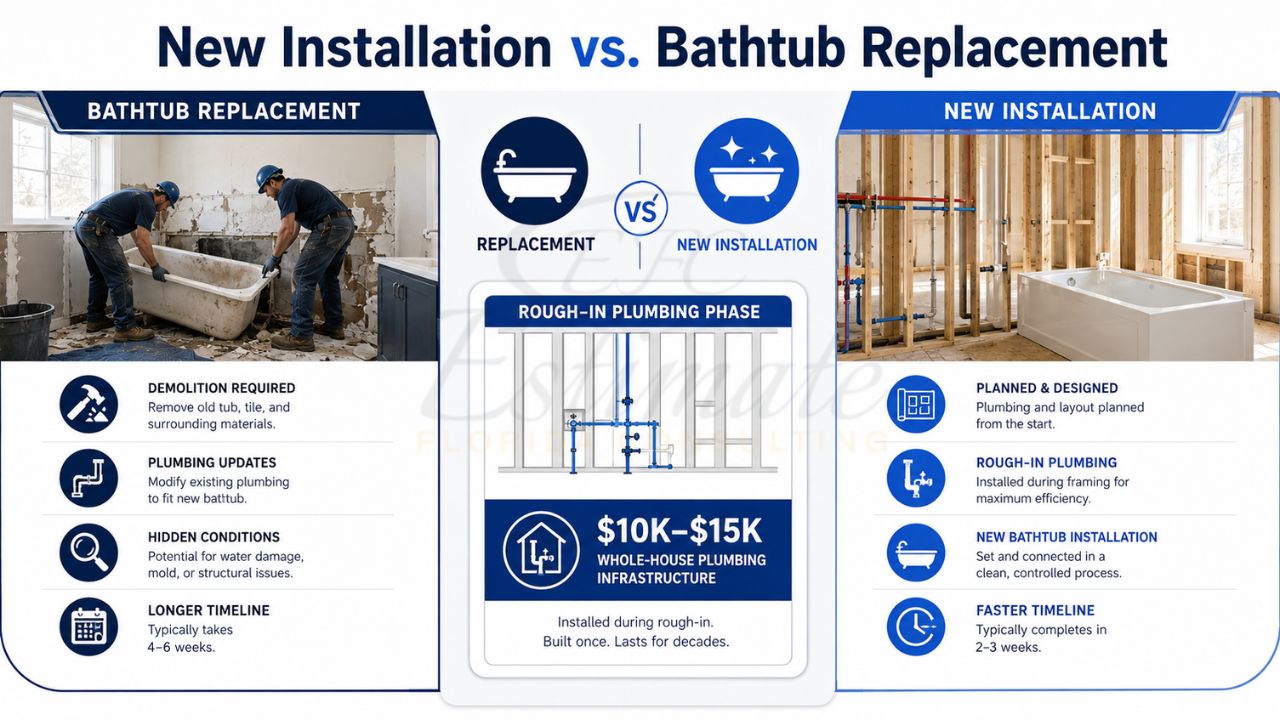 Comparison infographic showing bathtub replacement versus new bathtub installation, including demolition, plumbing updates, rough-in plumbing, costs, and project timelines.