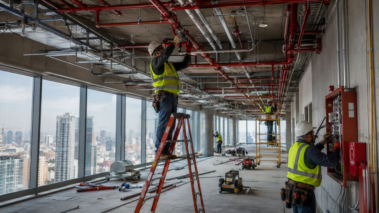 Fire protection technicians installing sprinkler piping and fire alarm systems inside a commercial office building in Florida