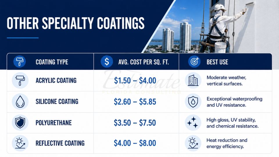 Comparison chart showing acrylic, silicone, polyurethane, and reflective coating costs per square foot for commercial buildings