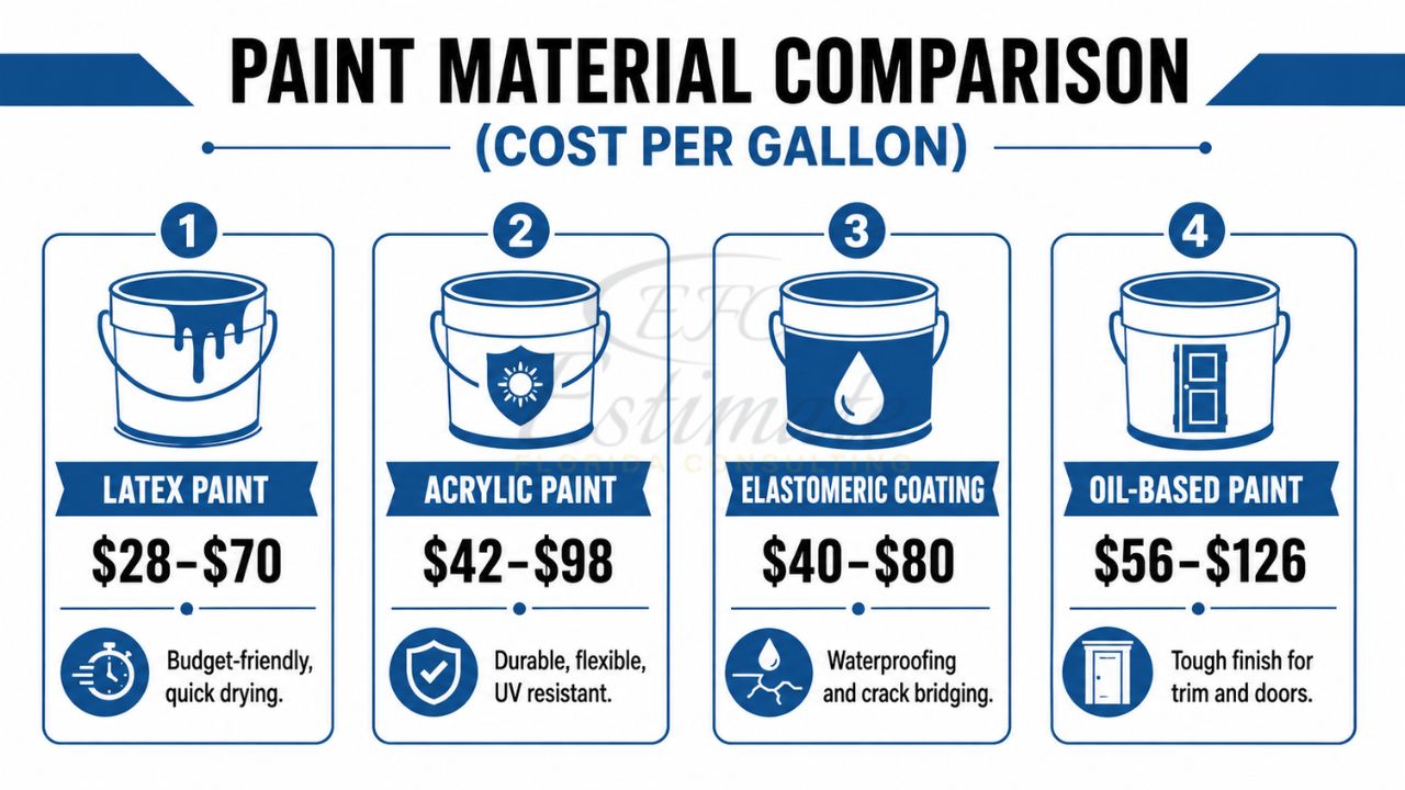 Infographic comparing paint material costs per gallon including latex paint, acrylic paint, elastomeric coatings, and oil-based paint for Florida construction projects