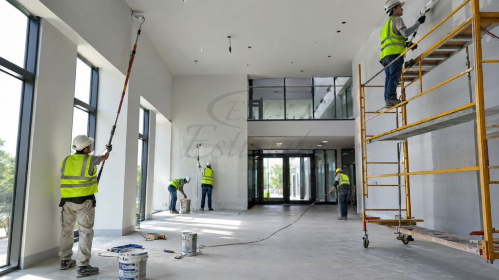 Professional painters applying interior wall paint inside a commercial building construction project in Florida