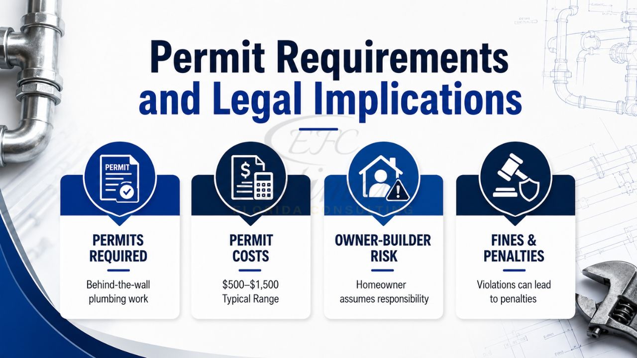 Infographic explaining plumbing permit requirements, permit costs, owner-builder risks, and legal penalties for plumbing work in Florida