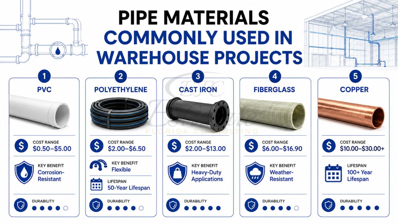 Infographic comparing PVC, polyethylene, cast iron, fiberglass, and copper pipe materials commonly used in warehouse construction projects
