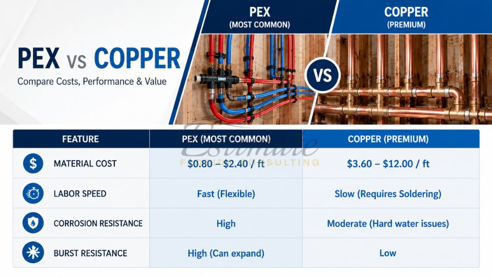 PEX vs copper pipe comparison showing material costs, installation speed, corrosion resistance, and plumbing performance differences