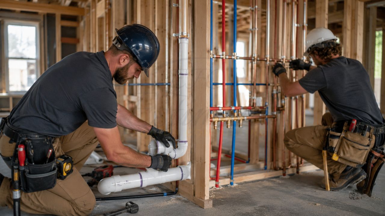 Professional plumbers installing water supply and drain lines inside a new residential construction project during the rough-in plumbing phase.