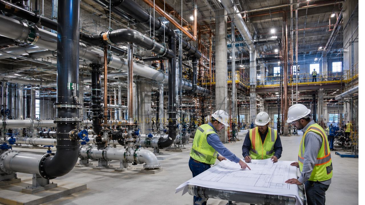 Engineers reviewing plumbing blueprints inside a commercial mechanical room with industrial piping systems in Jacksonville Florida