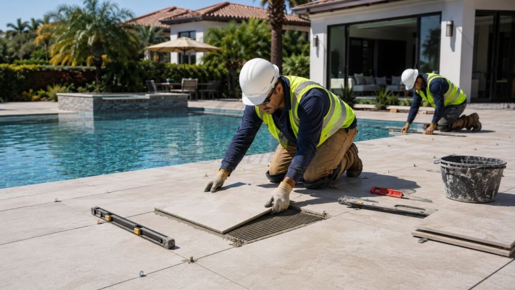 Contractors installing porcelain tile flooring around a luxury residential swimming pool in Weston, Florida
