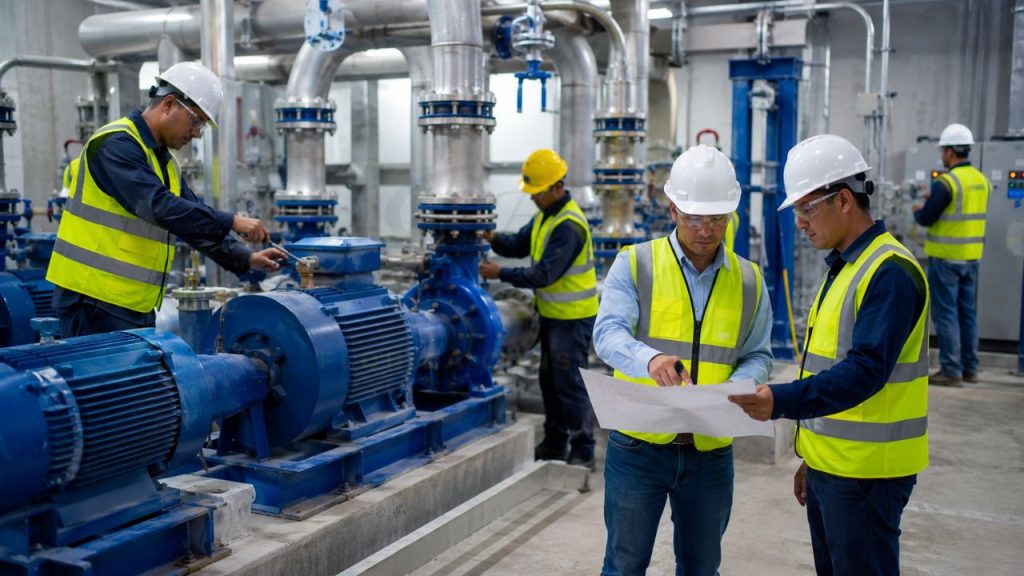 Engineers and technicians inspecting industrial pumps and mechanical equipment in a commercial pump room facility