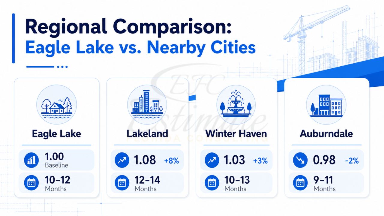 Regional construction cost comparison infographic showing Eagle Lake, Lakeland, Winter Haven, and Auburndale building cost differences and typical project timelines for 2026.