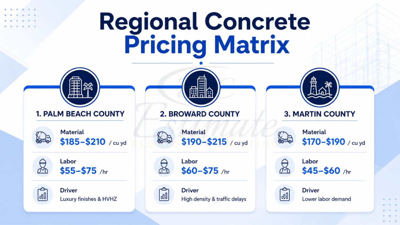 Regional concrete pricing matrix comparing material and labor costs in Palm Beach County, Broward County, and Martin County for 2026 concrete construction projects.