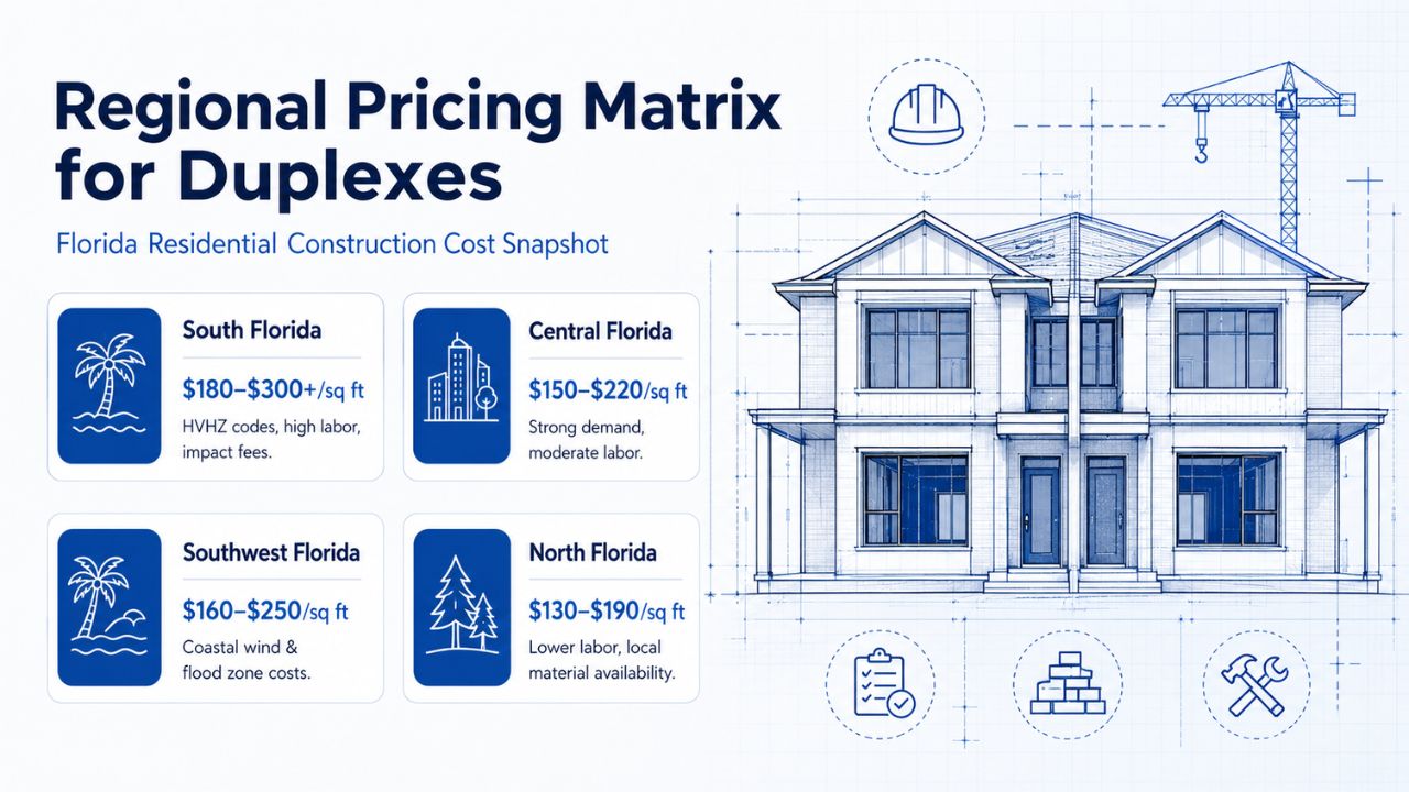 Infographic comparing duplex construction costs across South Florida, Central Florida, Southwest Florida, and North Florida with a duplex blueprint illustration and regional cost per square foot.