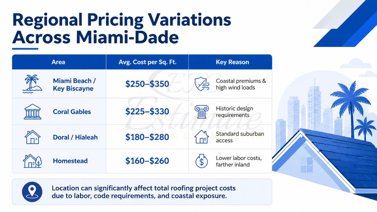 Infographic comparing construction cost per square foot across Miami-Dade areas including Miami Beach, Coral Gables, Doral, Hialeah, and Homestead.
