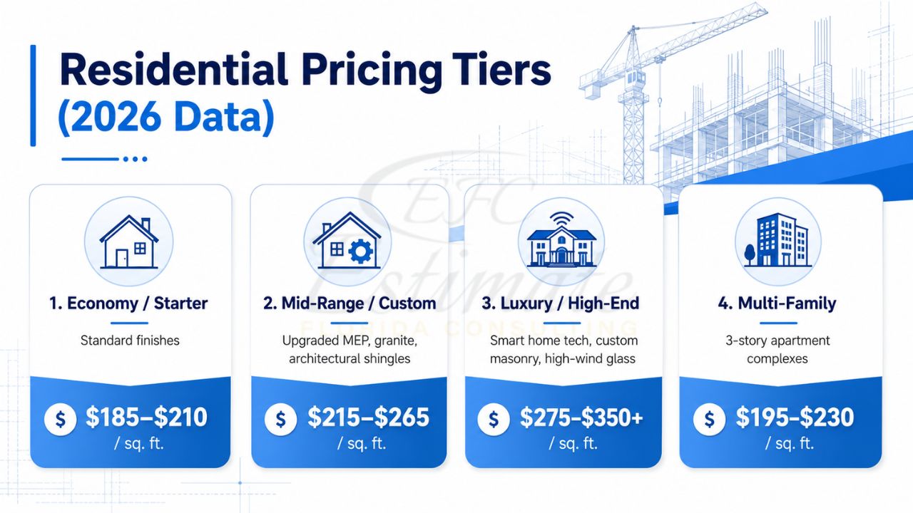 Residential construction pricing tiers infographic showing economy, mid-range, luxury, and multi-family home construction costs per square foot in Eagle Lake, Florida.