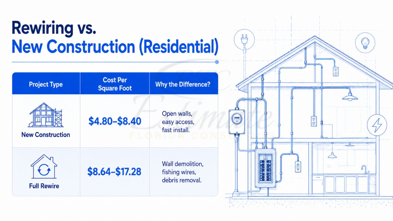 Infographic comparing residential rewiring costs versus new construction electrical installation with cost per square foot and house wiring blueprint.