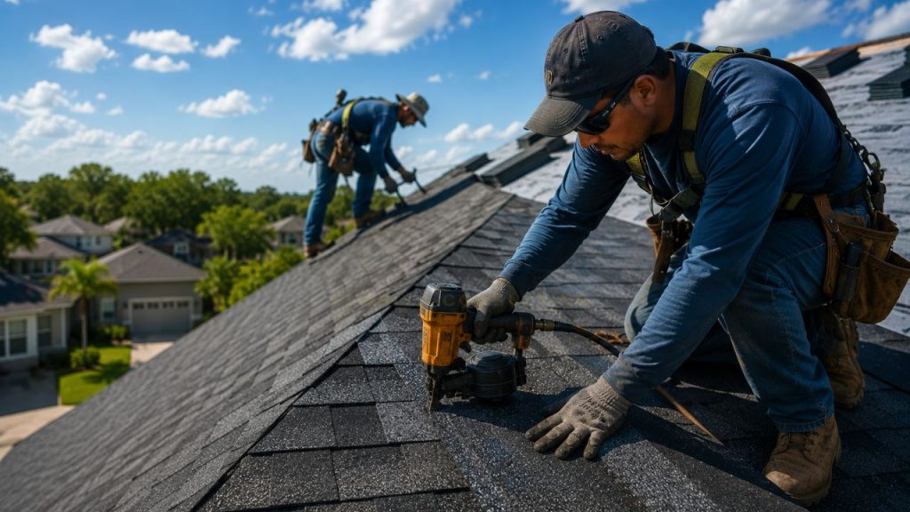 Professional roofing contractors installing asphalt shingles on a residential roof in Alachua Florida