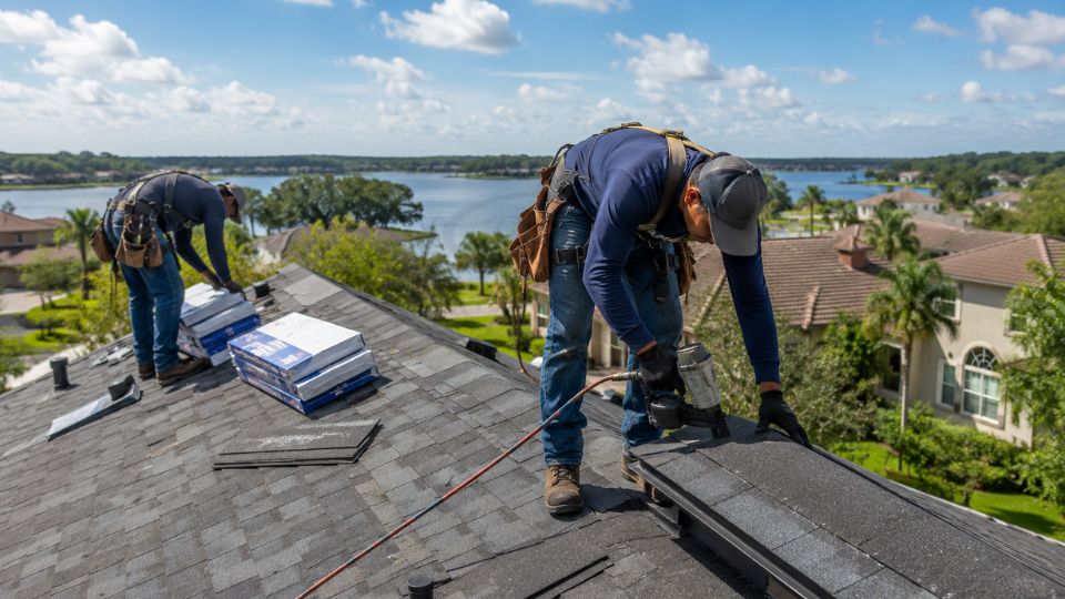 Professional roofing contractors installing asphalt shingles on a residential roof in Clermont, Florida