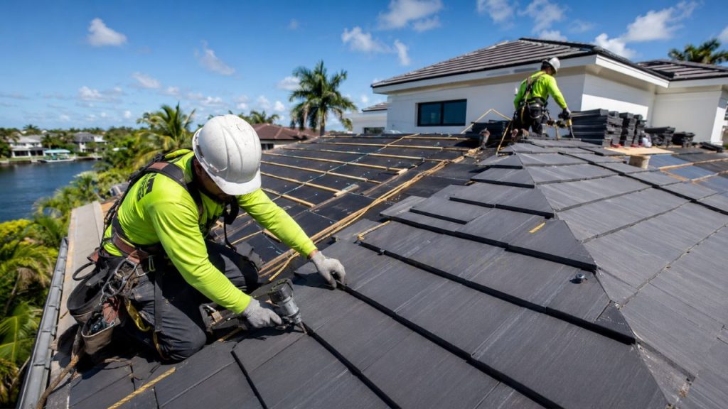 Roofing contractors installing a tile roof on a luxury home in Miami-Dade County, Florida, representing roofing cost estimator and roof installation services.
