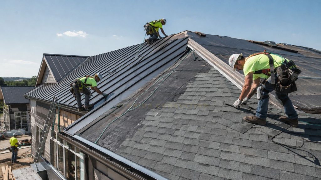 Professional roofing contractors installing metal roofing and asphalt shingles for roofing estimating services in Florida