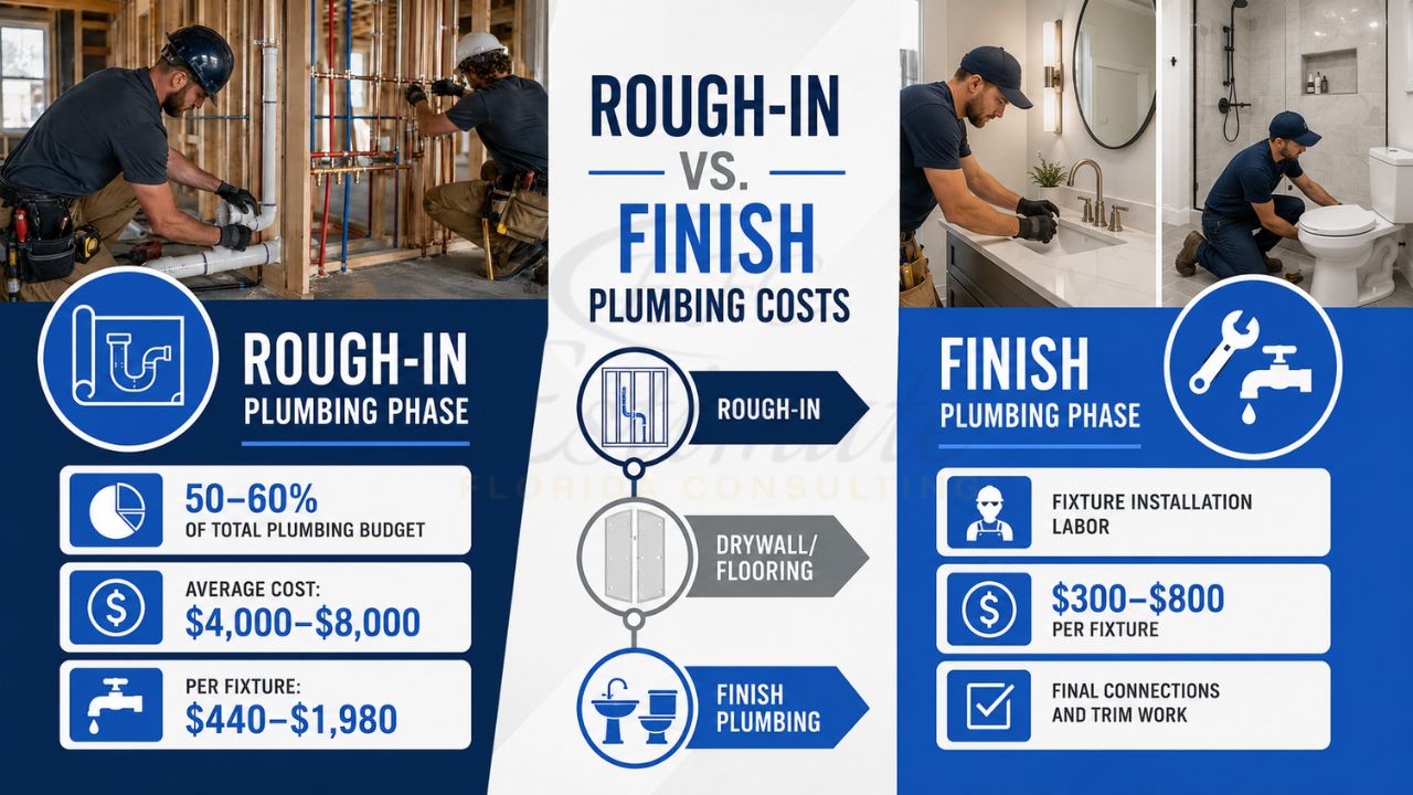 Infographic comparing rough-in plumbing costs and finish plumbing costs, showing installation phases, fixture costs, labor expenses, and plumbing budget allocation.