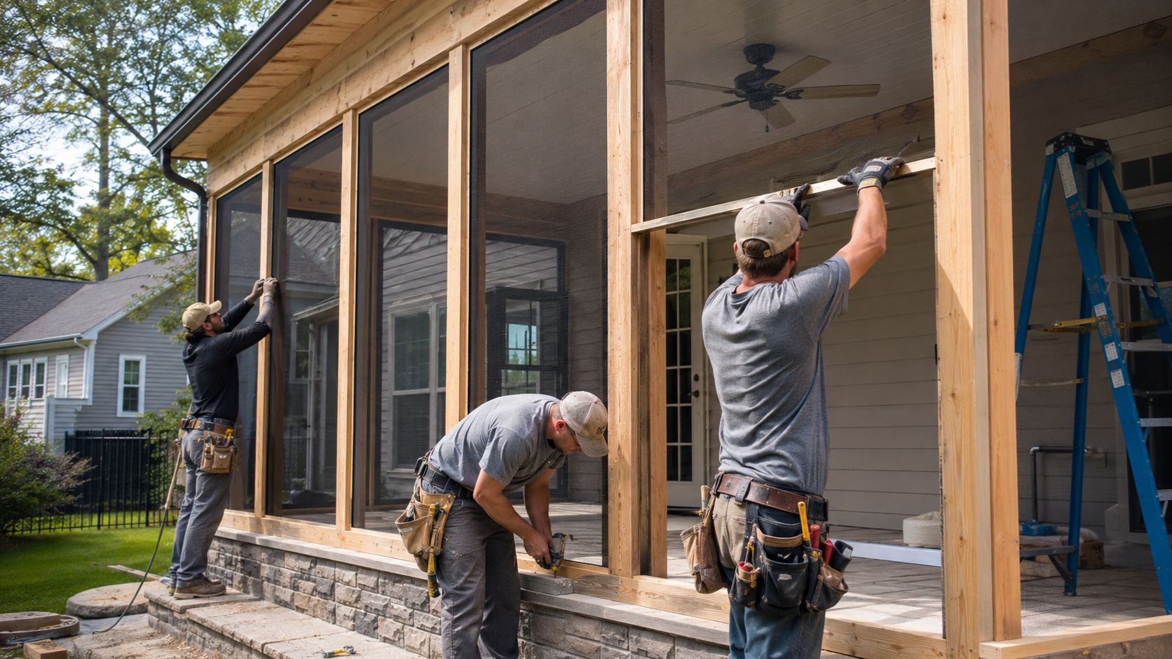 Contractors installing a screened-in porch enclosure on a residential home, showcasing framing, screen panels, and outdoor living space construction