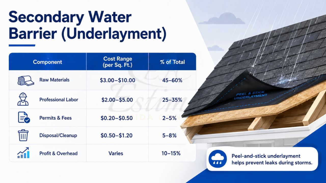 Infographic showing secondary water barrier (roof underlayment) cost breakdown with peel-and-stick underlayment installed beneath asphalt shingles.