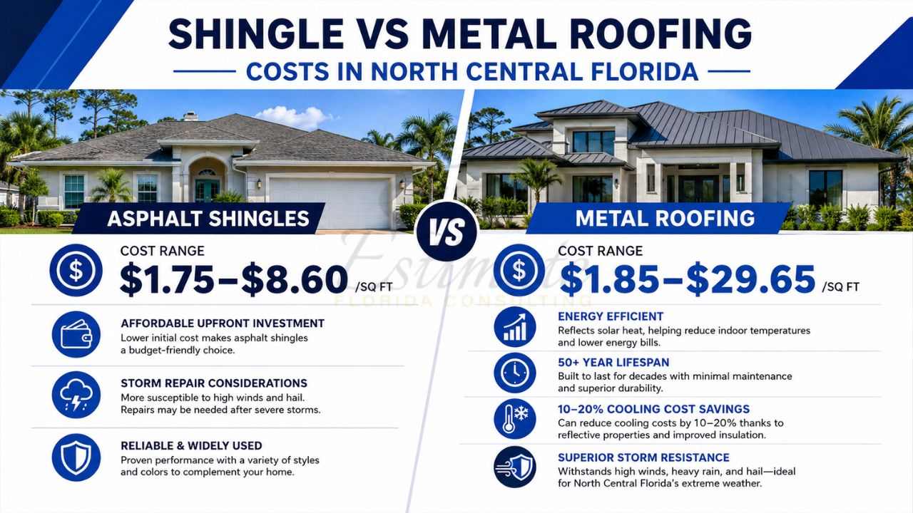 Comparison of asphalt shingle roofing and metal roofing costs for residential homes in North Central Florida