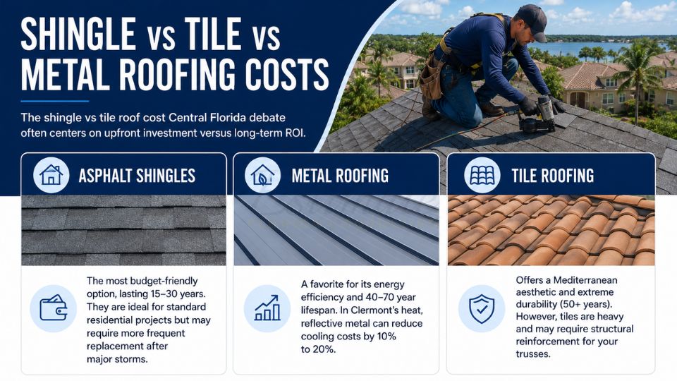 Comparison of asphalt shingle, metal, and tile roofing costs for residential homes in Clermont, Florida