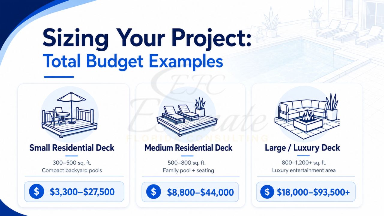 Infographic showing concrete pool deck project budget examples for small, medium, and luxury residential pool decks by square footage in Florida.