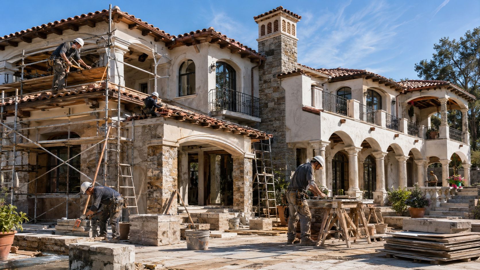 Luxury Spanish-style house under construction with stone exterior, clay tile roof, arches, balconies, and construction workers completing exterior finishes