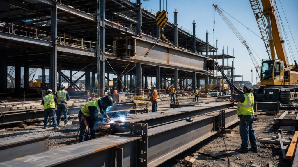 Structural steel workers installing and welding steel beams during commercial building construction project in Florida