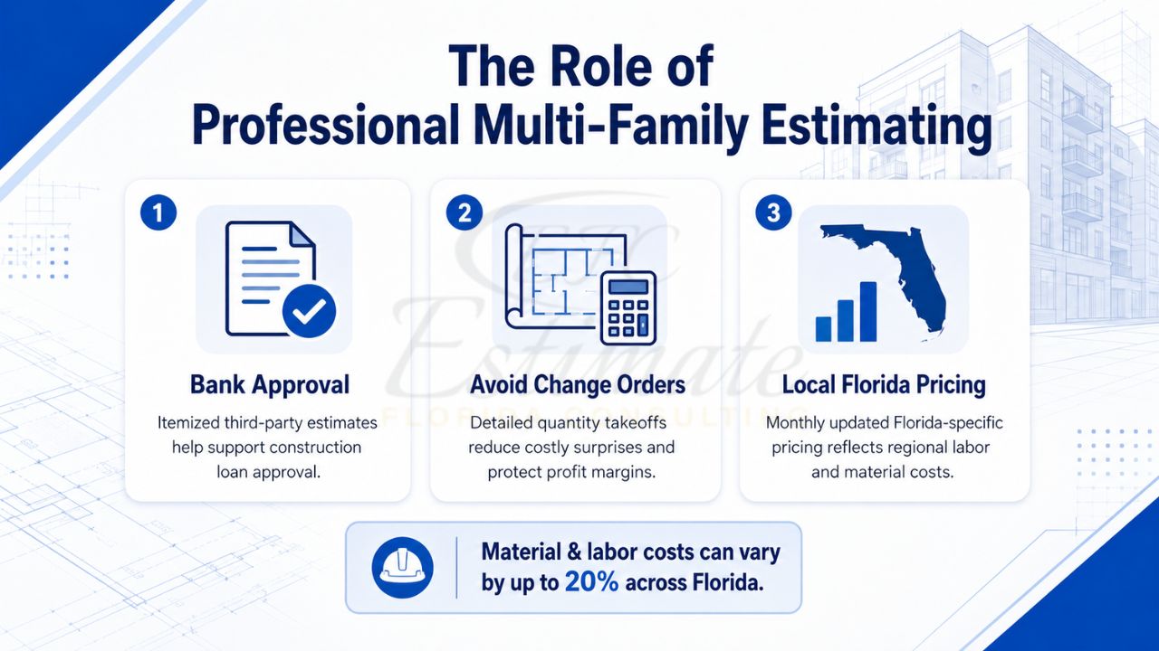 Infographic explaining the role of professional multi-family estimating, highlighting bank loan approval, reducing change orders, and Florida-specific construction pricing.