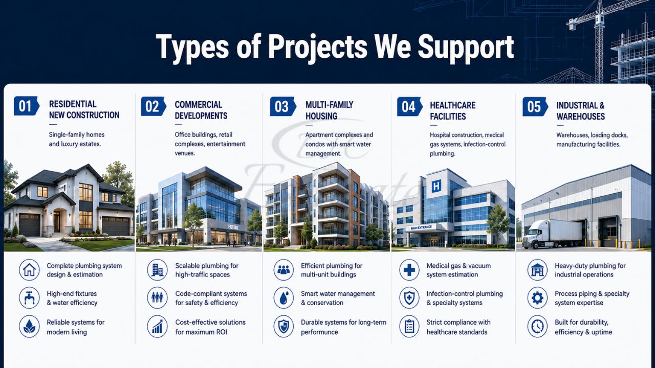 Residential, commercial, multifamily, healthcare, and industrial construction projects supported by plumbing takeoff services in Jacksonville Florida