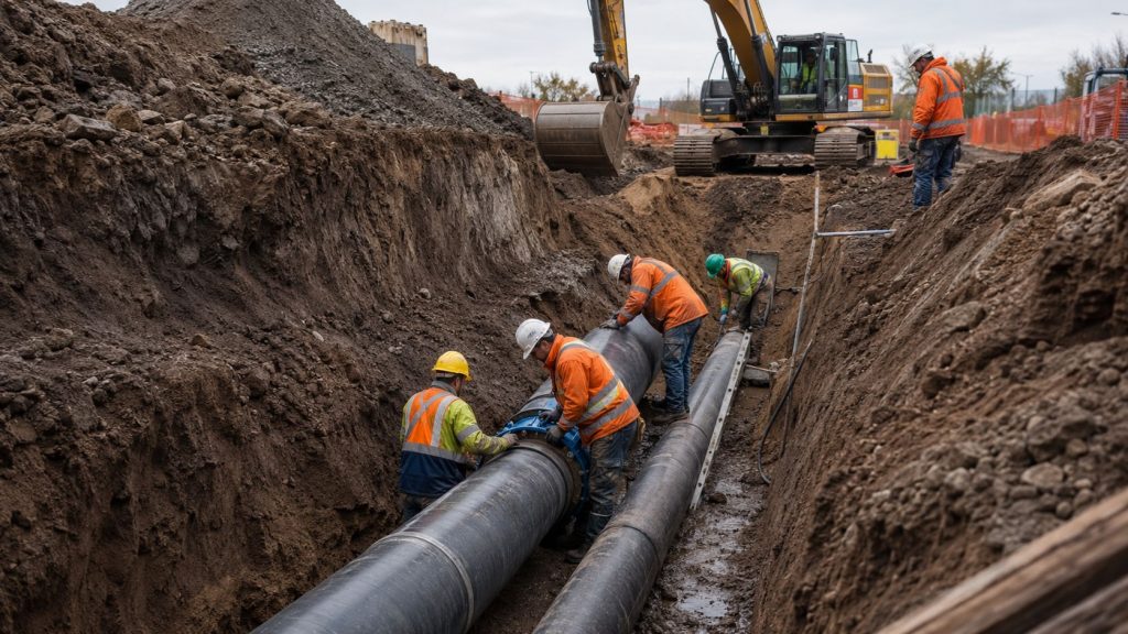 Construction workers installing large underground utility pipes in a trench using excavation equipment for water and sewer infrastructure projects