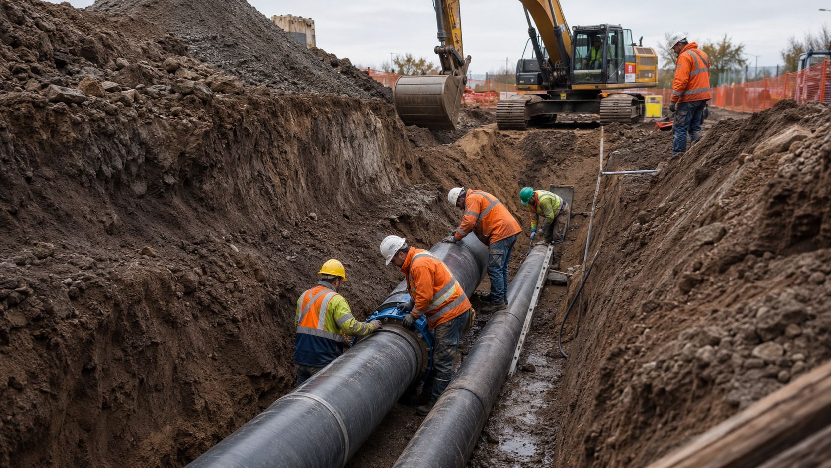 Construction workers installing large underground utility pipes in a trench using excavation equipment for water and sewer infrastructure projects