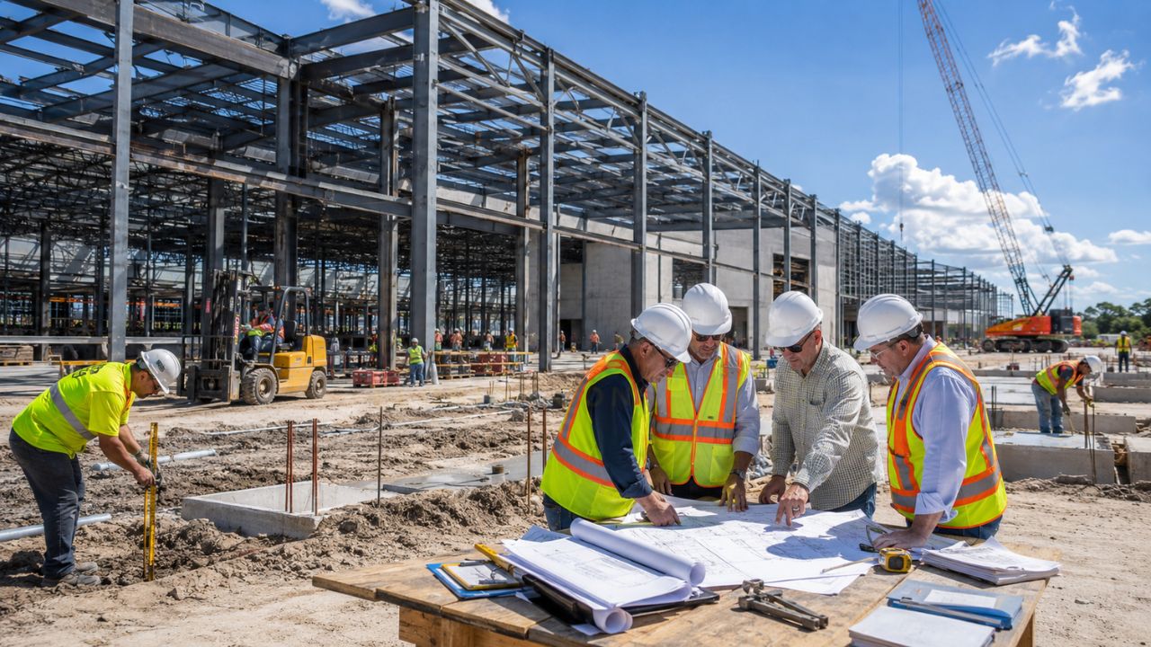 Warehouse construction project in Florida with engineers reviewing plans and steel building framework under construction for bank financing and cost estimating purposes.