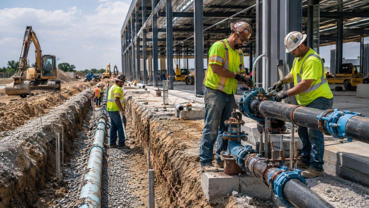 Construction workers installing underground water lines and utility piping for a warehouse building development project in Florida