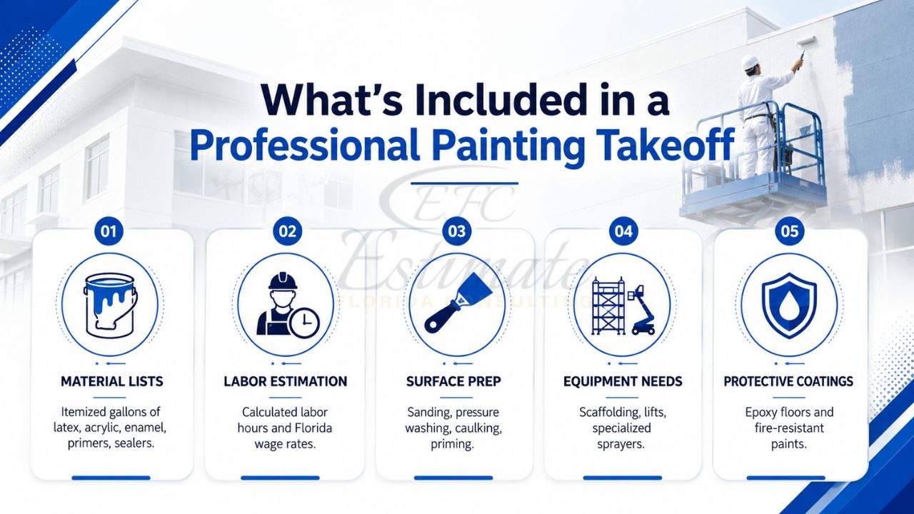 Professional painting takeoff infographic showing material lists, labor estimation, surface preparation, equipment requirements, and protective coatings