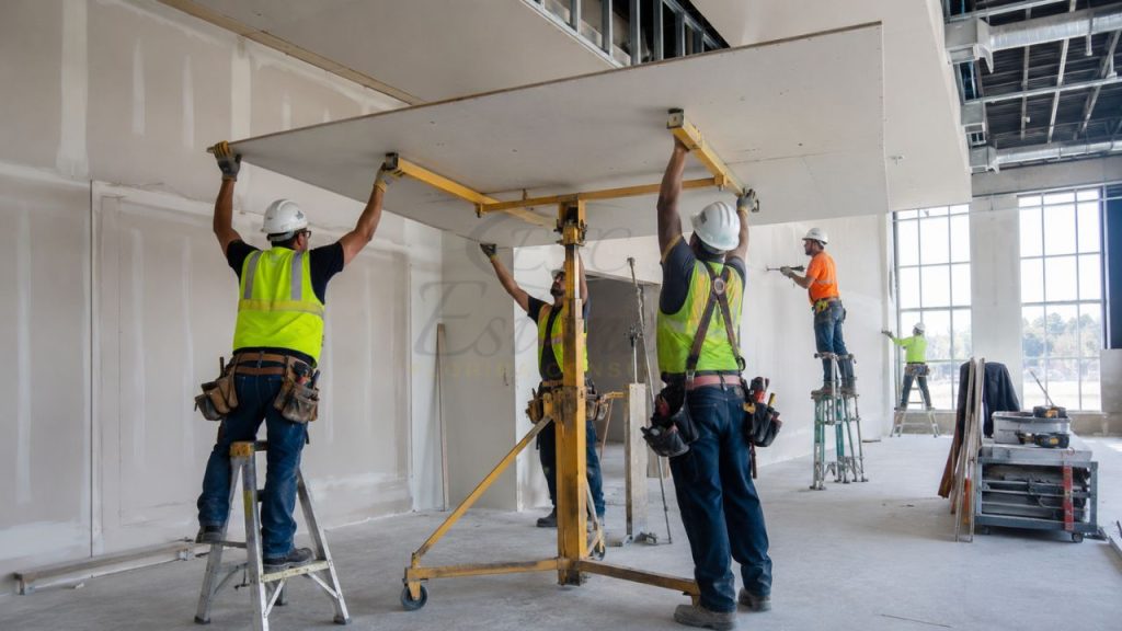 Drywall contractors installing gypsum board panels in a commercial building for drywall estimating services and quantity takeoffs in Florida